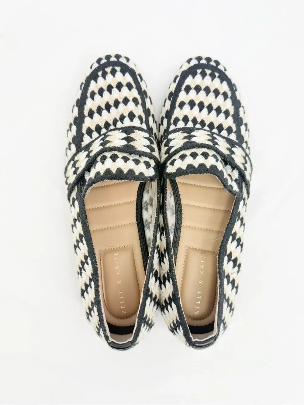Kelly & Katie BALAC Slip On Loafer In Black White Beige Geometric Check Textile